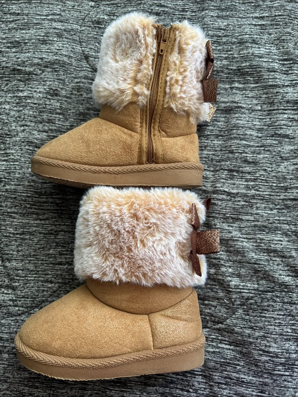 Cozy Faux-Fur Bow Kids Boots in Tan